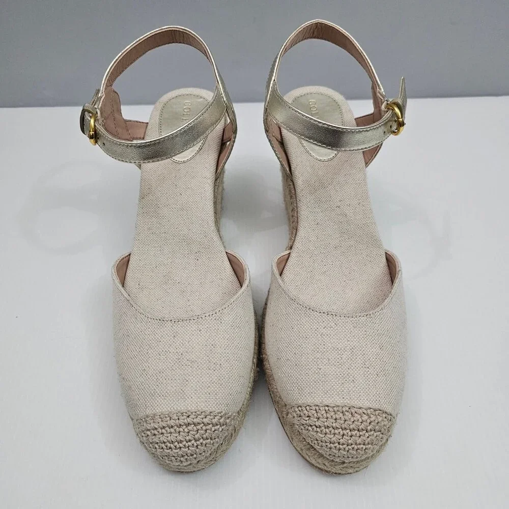 Cole Haan Cloudfeel Espadrille Wedge II Womens 9.5 Linen Soft Gold Summer NEW